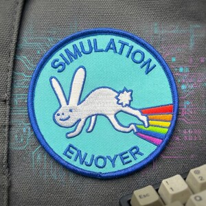 May include: A round patch with a light blue background and a blue border. The patch features a white rabbit with a rainbow trail and the words "SIMULATION ENJOYER" in blue. The patch is on a gray surface.