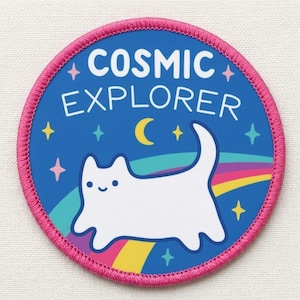 Cosmic Explorer Cat Patch, Cute Astronaut Kitty Iron on Patch, Rainbow Space Embroidered Badge, Galaxy Cat Lover Gift