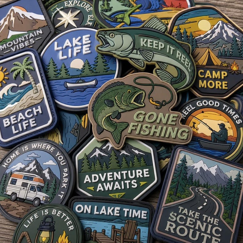 May include: A collection of colorful rubberized patches featuring outdoor themes, including mountains, lakes, fishing scenes, and camping motifs with text such as Lake Life, Keep It Reel, Gone Fishing, and Adventure Awaits.