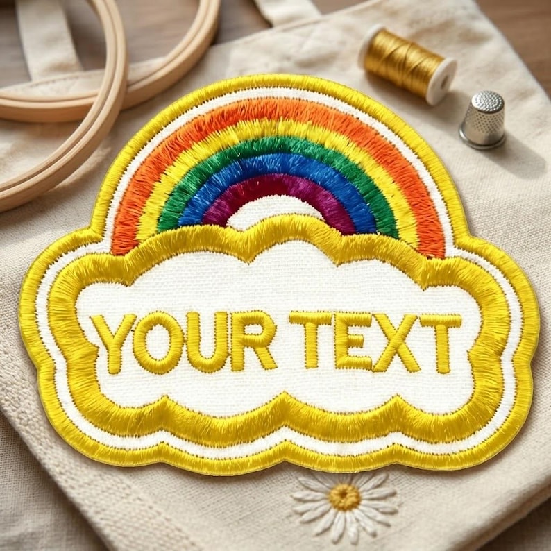 Op de afbeelding: Geborduurde patch met een regenboogontwerp boven een wolk. De regenboog toont levendige kleuren en de wolk heeft de tekst "YOUR TEXT" in geel. De patch is omrand met gele draad.