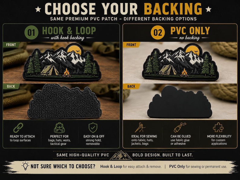 May include: A PVC patch featuring a mountain landscape with a tent, campfire, and trees. The text reads CHOOSE YOUR BACKING, HOOK & LOOP, and PVC ONLY. The patch is shown with a hook backing and a plain PVC backing for sewing or gluing.