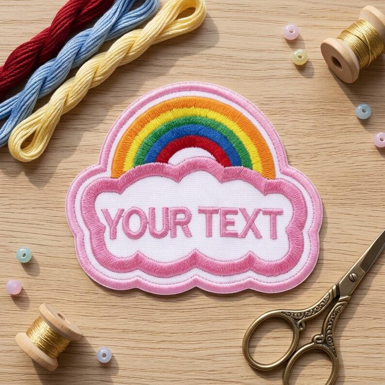 Op de afbeelding: Een kleurrijk geborduurd embleem met een regenboogontwerp boven een witte wolk met de tekst "YOUR TEXT" in roze. Het embleem is omgeven door roze stiksels. Borduurgaren en kralen zijn ook zichtbaar.