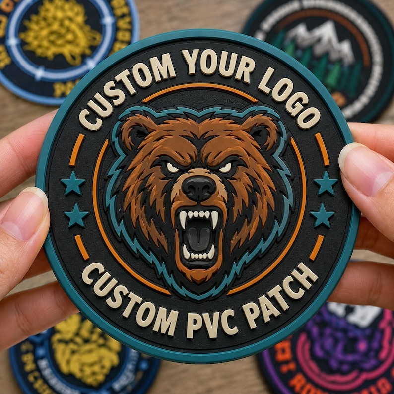 May include: A circular PVC patch featuring a central illustration of a snarling brown bear with bared teeth. The text CUSTOM YOUR LOGO and CUSTOM PVC PATCH is embossed in beige lettering along the black border, accented by teal stars.