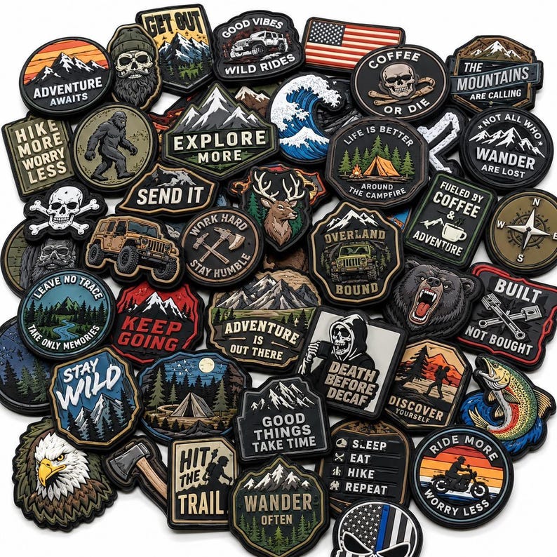 May include: A collection of assorted embroidered patches featuring outdoor themes, including mountains, skulls, wildlife, vehicles, and text such as Adventure Awaits, Explore More, Stay Wild, and Coffee or Die, arranged in a dense, overlapping pile.