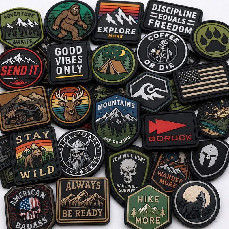 May include: A collection of various rubberized morale patches featuring diverse designs including mountains, wildlife, skulls, and motivational text such as "Stay Wild," "Explore More," and "Discipline Equals Freedom" in assorted shapes and colors.