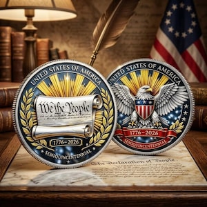 May include: Two commemorative coins with intricate designs. One features a scroll with "We the People" and the other an eagle with a shield. Both coins have the text "United States of America" and "1776-2026".