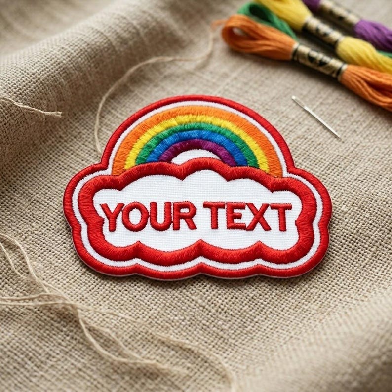 Op de afbeelding: Geborduurde patch met een regenboogontwerp boven een witte wolk met de tekst "YOUR TEXT" in het rood. De patch heeft een rode rand en ligt op een beige stoffen oppervlak. Borduurgaren en een naald zijn op de achtergrond.