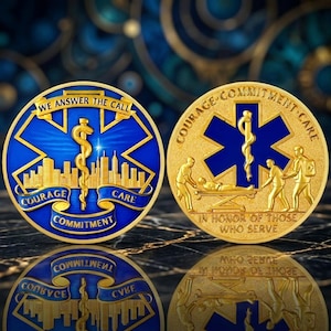 May include: Two commemorative coins. One blue and gold coin features a cityscape and the text "WE ANSWER THE CALL", "COURAGE", "CARE", and "COMMITMENT". The other gold coin depicts medical personnel and the text "COURAGE COMMITMENT CARE" and "IN HONOR OF THOSE WHO SERVE".