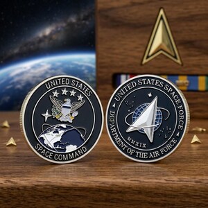 May include: Two commemorative coins with the text "United States Space Force" and "Space Command". One coin features an eagle and stars, the other a stylized spacecraft. The coins are set against a wooden background with a gold emblem.