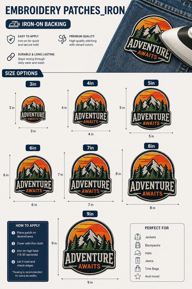 Op de afbeelding: Geborduurde opstrijkpatches met een "Adventure Awaits" ontwerp, met een berg- en boslandschap in oranje, zwart en groen. Verkrijgbaar in maten van 7.6 cm tot 22.9 cm. Instructies en suggesties voor gebruik zijn inbegrepen.