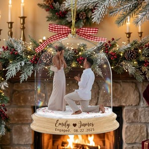 Personalized Engagement Christmas Ornament, Custom Photo Proposal Snowglobe Acrylic Ornament, First Christmas Engaged Gift, Couple Keepsake