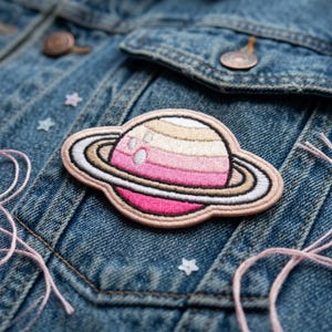Cute Pastel Saturn Planet Iron On Patch, Pink Space Galaxy Embroidered Badge for Jackets, Aesthetic Celestial Patches, Clothing Applique