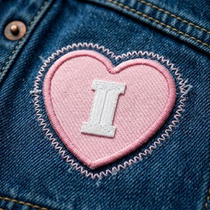 May include: Close-up of a denim patch with a pink heart and a white embroidered letter "I". The heart is outlined with a white zigzag stitch, and the patch is sewn onto a blue denim fabric.