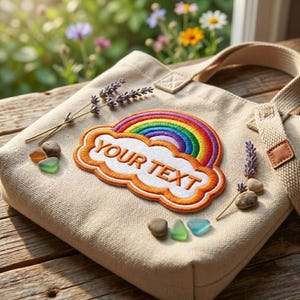 Op de afbeelding: Beige canvas draagtas met een regenboogwolk patch met de tekst "YOUR TEXT". De regenboog is veelkleurig en de wolk is omrand met oranje. De tas heeft beige handvatten en is versierd met lavendel en kleine stenen.