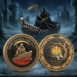 May include: Two gold-colored coins with a dark background. One coin features the Grim Reaper in a boat with skulls, the text "HOPE GUIDES THE WAY". The other coin shows a lantern, butterfly, and tree with the text "LIFE BLOOMS IN SILENCE".