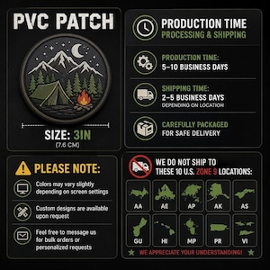 May include: A circular PVC patch featuring a nighttime mountain landscape with a tent, a campfire, pine trees, a crescent moon, and stars. The patch is 3 inches in diameter and displays a detailed graphic design with a dark border and muted colors.