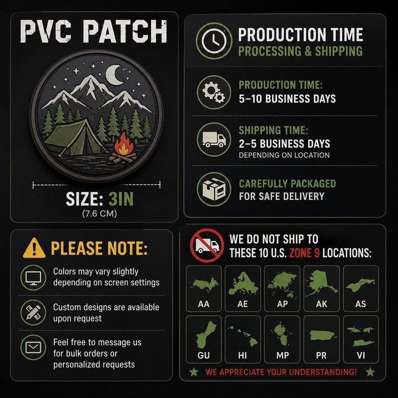 May include: A circular PVC patch featuring a nighttime mountain landscape with a tent, a campfire, pine trees, a crescent moon, and stars. The patch is 3 inches in diameter and displays a detailed graphic design with a dark border and muted colors.