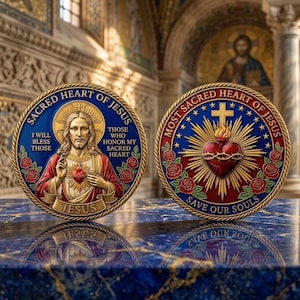 Sacred Heart of Jesus Metal Coin, Catholic Religious Gift, Most Sacred Heart Save Our Souls Challenge Coin, Christian Devotional Keepsake