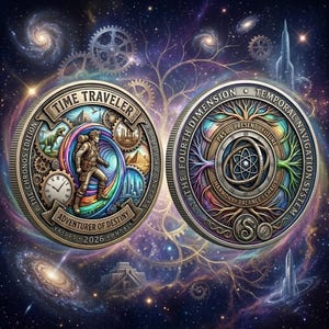 May include: Two circular metal coins featuring intricate engravings. The left coin depicts a traveler, a dinosaur, pyramids, and a clock with the text TIME TRAVELER and ADVENTURER OF DESTINY. The right coin shows a tree, an atom, and the text THE FOURTH DIMENSION, TEMPORAL NAVIGATION SYSTEM, PAST, PRESENT, FUTURE, HARMONY, BALANCE, CHAOS.