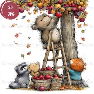 Puede incluir: Una ilustración digital que muestra a un oso pardo esponjoso sobre una escalera de madera recogiendo manzanas rojas de un árbol. Abajo, un mapache y un oso pequeño están junto a dos cestas de mimbre llenas de manzanas rojas.