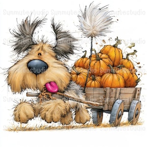 May include: A shaggy, tan-colored dog with a large blue nose and a bright pink tongue hanging out, pulling a wooden cart filled with several orange pumpkins. The dog has messy fur and is depicted in a sketch-like illustration style.