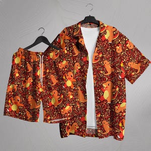 Charmander Hawaiian Shirt Tropical Button Up Shirt Unisex Summer Outfit Cute Beach Shorts Red Flame Pattern Charmander Shirt Gifts Beach Set