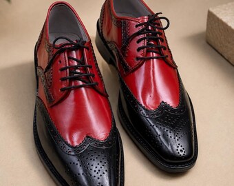 Zapatos de cuero hechos a mano para hombre, estilo brogue bicolor rojo y negro con puntera alada, zapatos de vestir Derby de punta cuadrada, zapatos formales con cordones, regalo llamativo.
