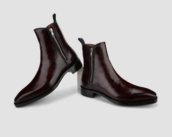 Botas de cuero con pátina color burdeos hechas a mano con cremallera lateral para hombre, botines rojo cereza intenso, botas de vestir de lujo para hombre, calzado a medida con punta afilada,
