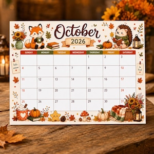 Peut inclure: Un calendrier papier pour octobre 2026 illustré avec un renard, un hérisson, des tournesols, des citrouilles, des champignons et des livres. La grille affiche les jours et les dates, avec des notes hello autumn et be kind sur les côtés.