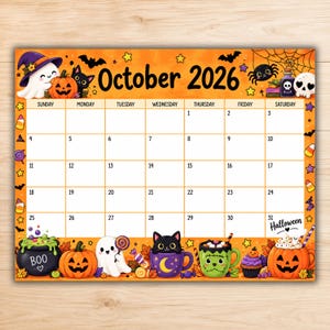 Puede incluir: Una página de calendario rectangular de octubre de 2026 con fondo naranja y motivos de Halloween que incluyen un fantasma, calabazas, un gato negro, una araña, una calavera, dulces y una taza de monstruo verde. La cuadrícula muestra del 1 al 31.
