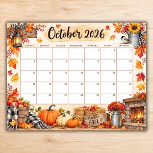 May include: A wall calendar for October 2026 featuring a seasonal autumn theme with orange pumpkins, colorful fall leaves, a lantern, a fireplace, and a wooden sign with the text hello fall. The grid layout includes days of the week and dates.