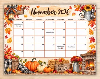 Calendario imprimible de noviembre de 2026, calendario de pared de otoño, calendario otoñal, planificador de Acción de Gracias, formato PDF JPG en formato Carta estadounidense horizontal (descarga digital)