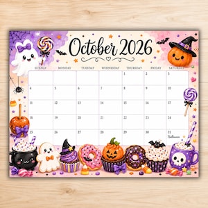 Könnte beinhalten: Ein rechteckiges Kalenderblatt für Oktober 2026 mit Halloween-Motiven, darunter ein Geist, ein Kürbis mit Hexenhut, Lutscher, kandierte Äpfel, Cupcakes, Donuts und eine Tasse mit Totenkopf-Design auf einem pastellfarbenen lila und orangen Hintergrund.