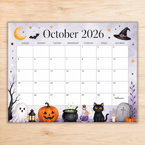 Puede incluir: Un calendario mensual para octubre de 2026 con un fondo de acuarela morado e ilustraciones de Halloween que incluyen una luna creciente, un murciélago, un sombrero de bruja, un fantasma, una calabaza, un caldero, una poción, un gato negro y una lápida.