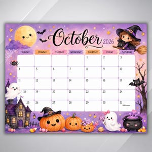 May include: A 2026 October calendar page featuring a purple night sky with a smiling moon, bats, and stars. Illustrations include a witch on a broom, a haunted house, ghosts, pumpkins, and a black cauldron. The grid displays dates 1 through 31.