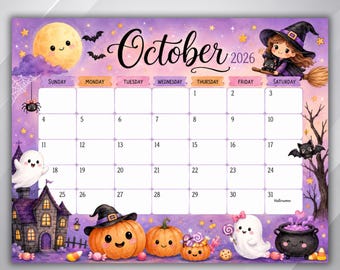 October 2026 Calendar Printable, Cute Halloween Calendar, Kawaii Pumpkin Witch Ghost (US Letter PDF JPG)