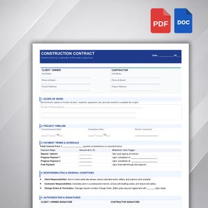 Peut inclure: Un document de contrat de construction blanc avec un en-tête bleu portant le texte CONSTRUCTION CONTRACT et Standard General Construction & Renovation Agreement. Le formulaire comprend des sections pour les détails du client et de l'entrepreneur, la portée des travaux, le calendrier du projet, les conditions de paiement, les responsabilités et les lignes de signature.