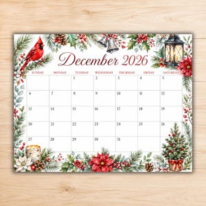 December 2026 Kardinal Julkalender Utskrivbar, Rustik Vinterblommig Månadsplanerare, Julkalender (PDF & JPG Digital Nedladdning)