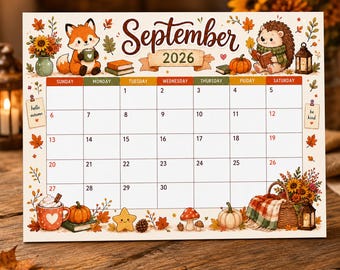 September 2026 Woodland Calendar | Fox Hedgehog Autumn Planner (PDF Download)