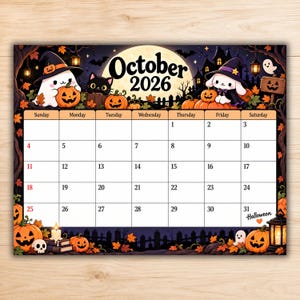 Puede incluir: Una página de calendario rectangular de octubre de 2026 con temática de Halloween, que muestra una gran luna llena, un gato negro, un fantasma con sombrero de bruja, un conejo blanco con sombrero de bruja, calabazas naranjas y hojas de otoño.