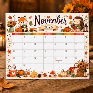 Thanksgiving November 2026 Calendar Printable, Cute Fox Hedgehog Monthly Planner, Autumn (Digital Download)