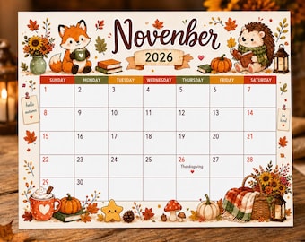 Thanksgiving November 2026 Calendar Printable, Cute Fox Hedgehog Monthly Planner, Autumn (Digital Download)