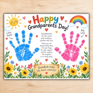 May include: A white rectangular print for Grandparents Day featuring a yellow sun, a rainbow, and colorful flowers. It includes blue and pink handprints, the text Happy Grandparents Day!, a poem, and the phrase Grandkids make life more colorful!