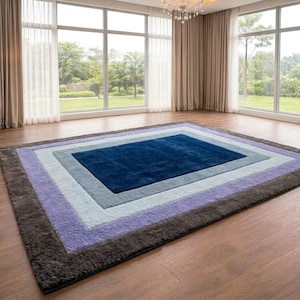 Custom Hand Tufted Rug Blue and Purple Gradient Area Rug, Modern Geometric Shag Carpet, Soft Living Room Floor Decor Rectangular Bedroom Rug