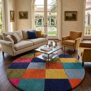 Colorful Geometric Area Rug – Modern Patchwork Carpet, Vibrant Living Room Decor, Abstract Multicolor Floor Rug, Contemporary Home Accent