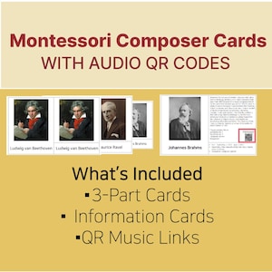 Montessori Composer 3 Part Cards with Audio QR Codes, Classical Music Printable, Homeschool Music History Activity, Digital Download