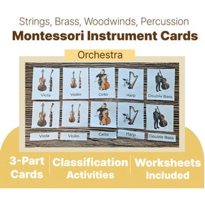 May include: A set of Montessori instrument cards featuring images of a viola, violin, cello, harp, and double bass. The cards include labels for each instrument and are organized into two rows. The text reads Strings, Brass, Woodwinds, Percussion, Montessori Instrument Cards, Orchestra, 3-Part Cards, Classification Activities, Worksheets Included.