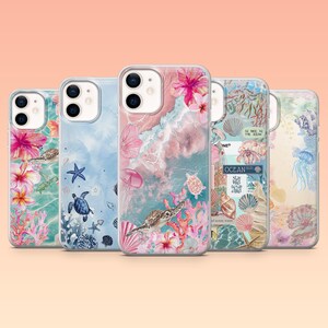 May include: Five phone cases with ocean-themed designs. Each case features a different watercolour design with sea turtles, starfish, coral, and jellyfish in shades of blue, pink, and green. The cases have a clear border.