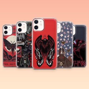 May include: A collection of five phone cases with unique designs. The cases feature illustrations of moths, stars, and other gothic-inspired imagery in red, black, and blue hues. The cases are designed to fit a smartphone.
