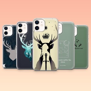 May include: Five phone cases with different designs. The cases display illustrations of deer antlers, silhouettes, and text. The colour scheme includes shades of blue, green, and beige, with a clear case in the middle.